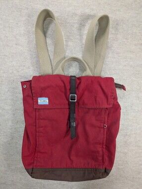 TOMS Red Canvas Trekker Utility Backpack Bag Brown Trim Laptop Hiking Travel